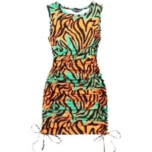 RUCHED drawstring side zebra striped sexy bodycon dress sz xs